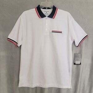 Classic White Polo Shirt with Navy and Red Trim, Size M